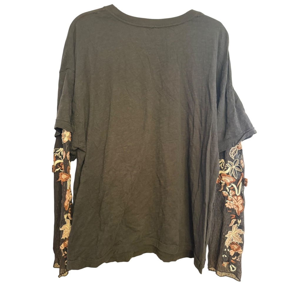Free People Embroidered Mesh Layered Long Sleeve Top Black Floral Large